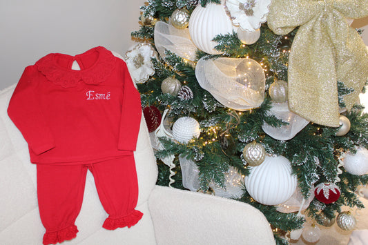 Long Sleeve Frilled Pyjama Set in Red