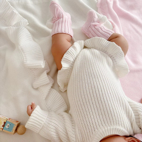 White Knitted Romper with Frill detailing